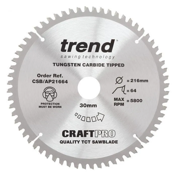 Trend CSB/AP21664 Craft Saw Blade Aluminium & Plastic 216mm x 64 Teeth x 30mm