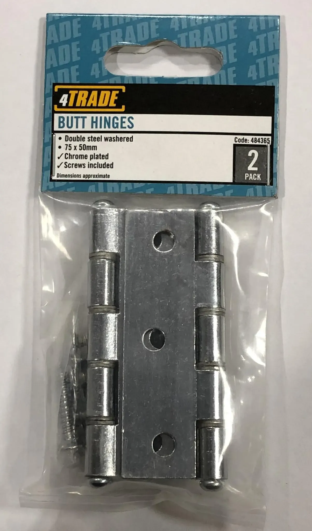 Butt Hinge, Chrome Plated, 75 x 50mm, Double Steel Washered (Qty.2)