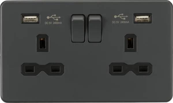 13A 2G switched socket with dual USB charger A + A (2.4A) – Anthracite