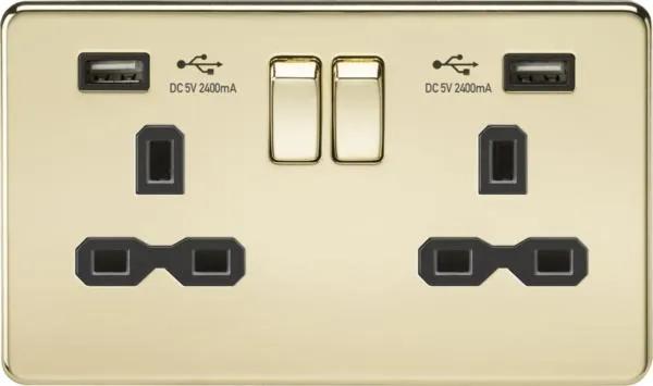 2 Gang with USB Polished brass with black insert (Polished Black Brass)