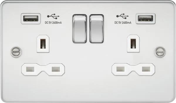 13A 2G switched socket with dual USB charger A + A (2.4A) – Polished chrome with white insert (Polished Chrome White)