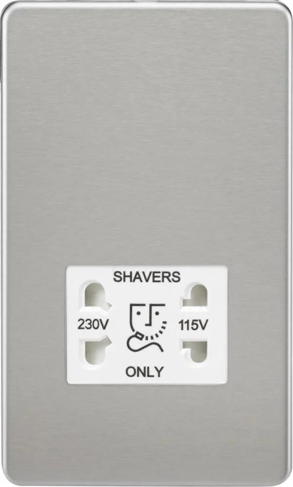 Screwless 115V/230V Dual Voltage Shaver Socket – Brushed Chrome with White Insert (Brushed Chrome White)
